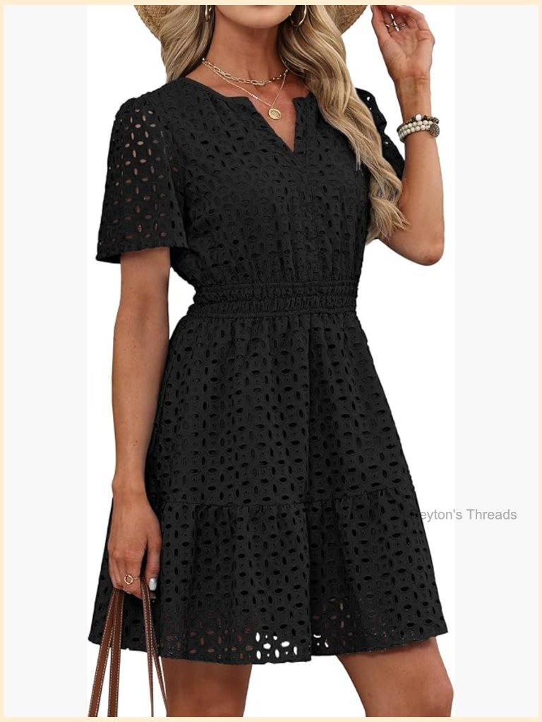 Womens V Neck Eyelet Lace A Line Short Dress Ruffle Hem Summer